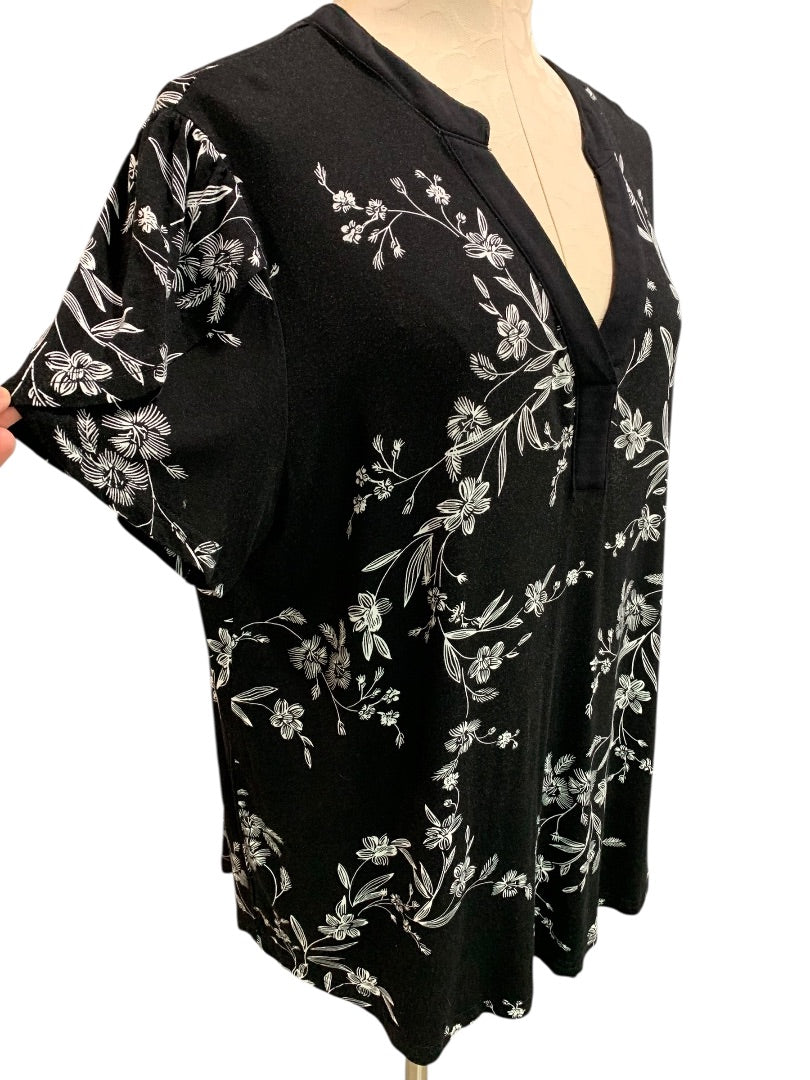 2XL Syoss Womens Soft Black Tshirt Floral Print White V-Neck