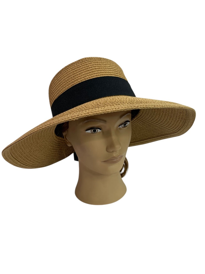 One Size Womens Straw Sunhat Adjustable Band Black Ribbon