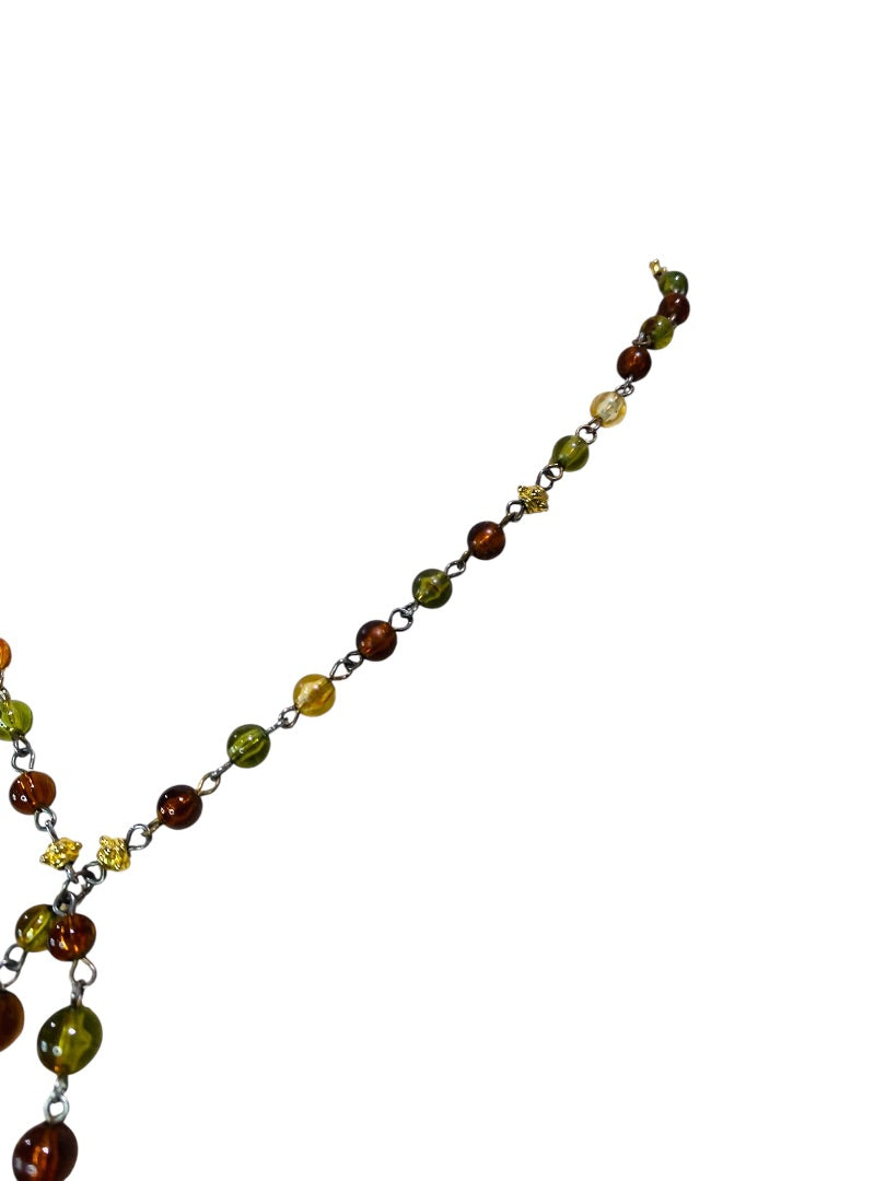 Beaded Silvertone Necklace 20" Amber Green Purple 21" with 2" Drop