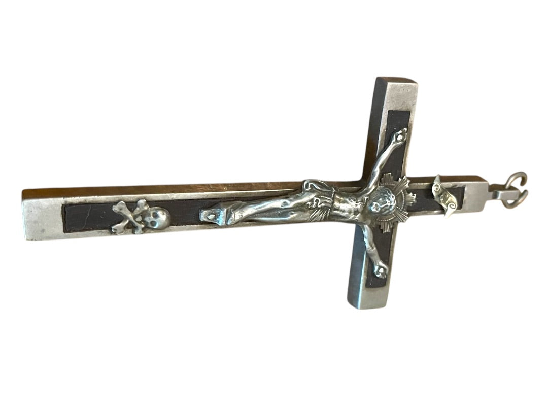 Antique Silvertone Crucifix with Skull and Crossbones Golgotha INRI Cross Convent 5.5"