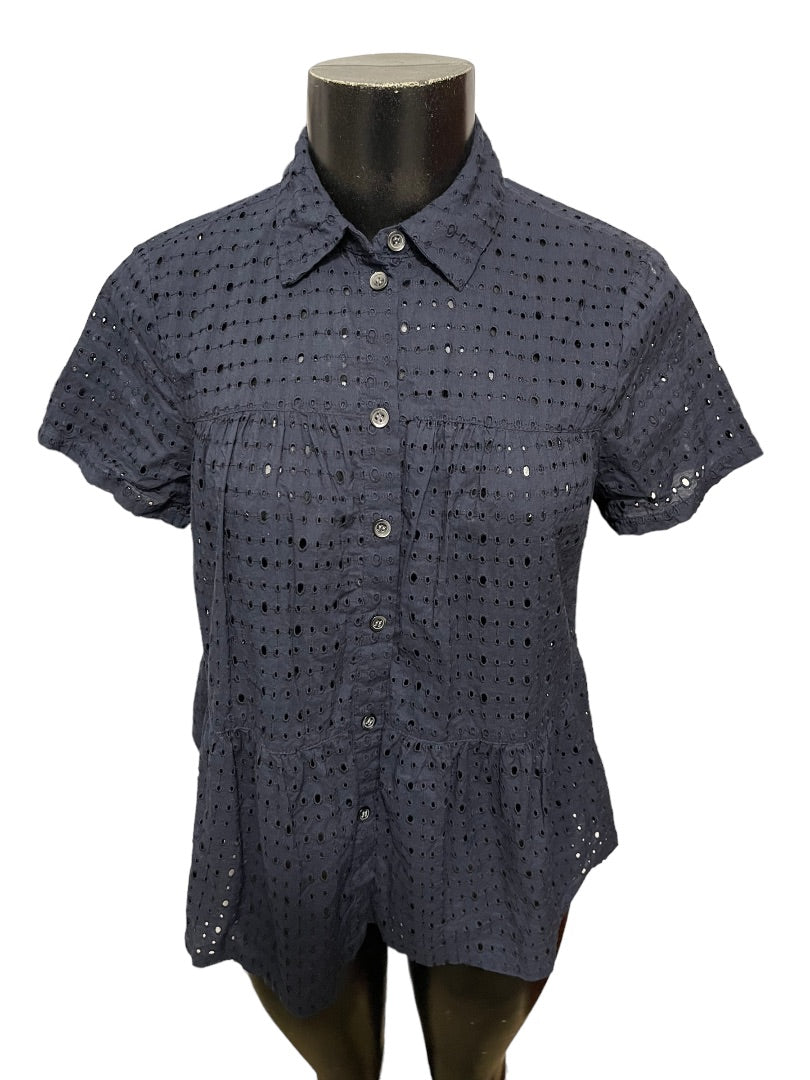 XS Madewell Women's Eyelet Short Sleeve Top Navy Blue Blouse