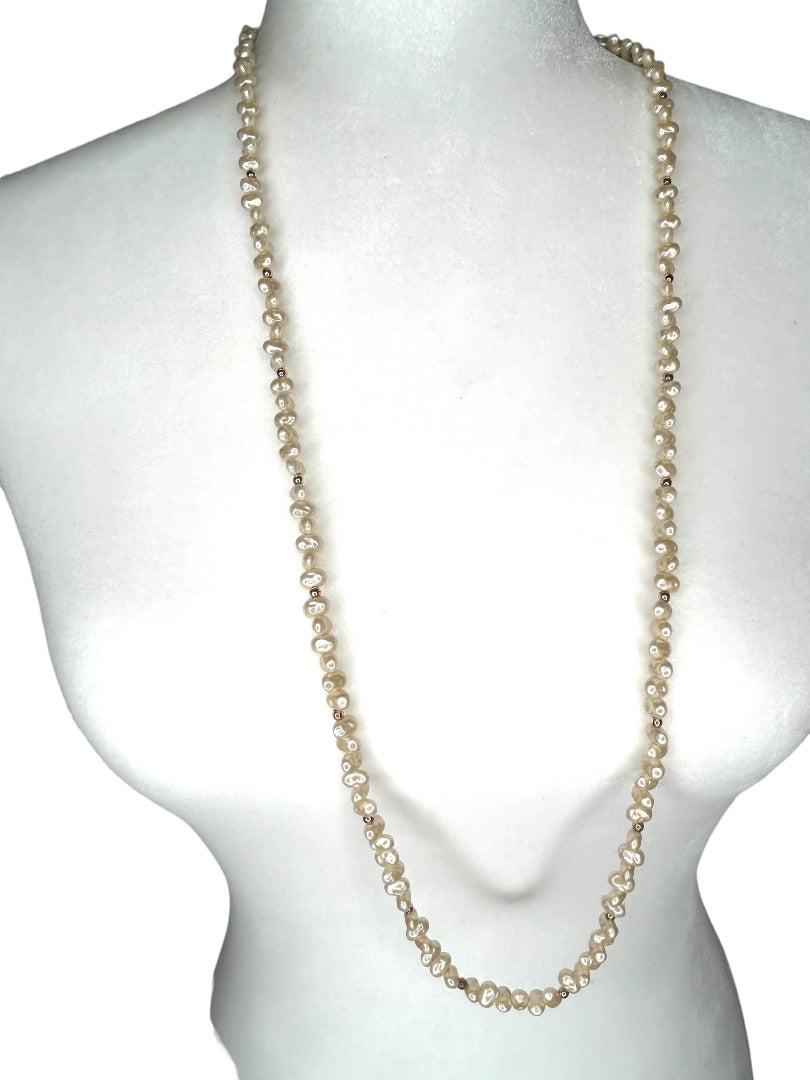 Faux Freshwater Pearl Beaded Necklace 34" Strand String Goldtone Spacers