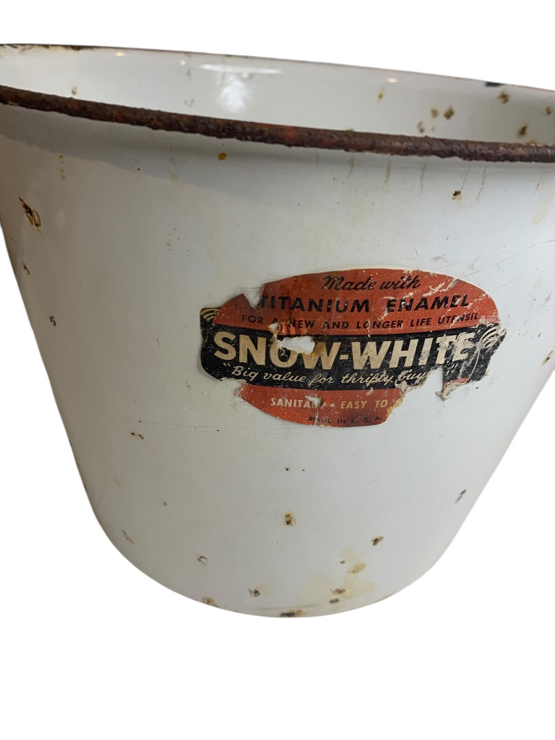 Porcelain Enamelware Snow-White Bucket Pail White Wooden Handle Sticker