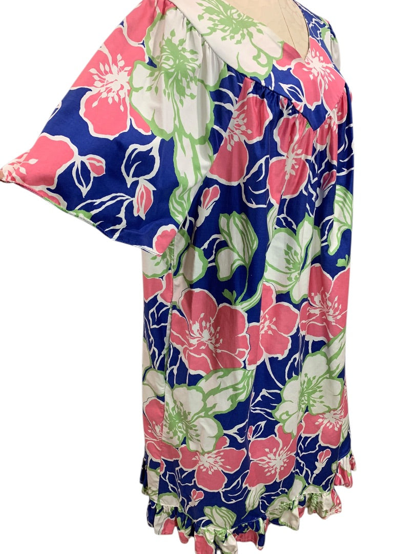 2X Sears 1970s Floral Pink Blue Dress Short Sleeve Cotton Shift