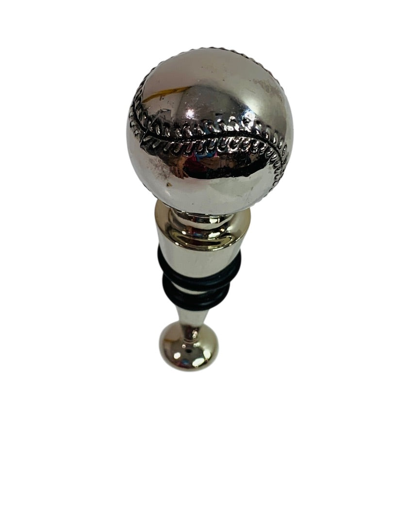 Silvertone Bottle Stopper Metal Baseball Theme 4" Rubber