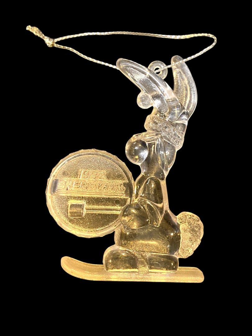 1992 Clear Acrylic Energizer Bunny Ornament 3" Christmas Ski