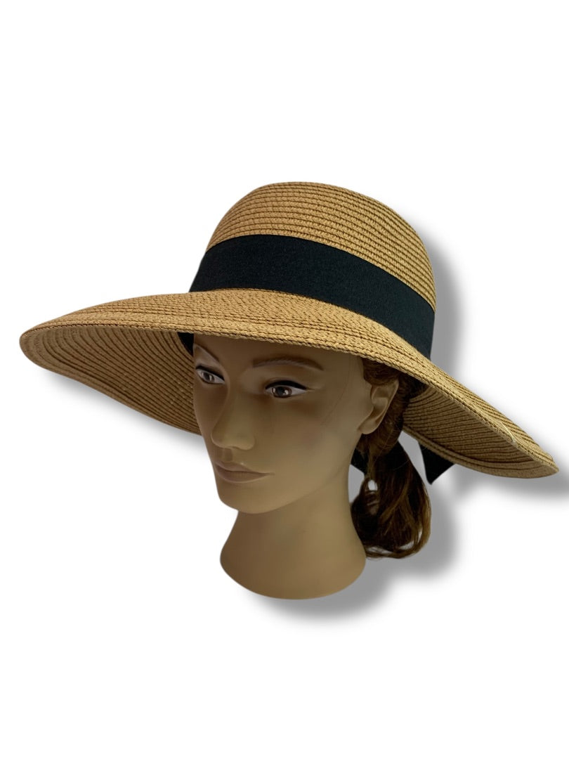 One Size Womens Straw Sunhat Adjustable Band Black Ribbon