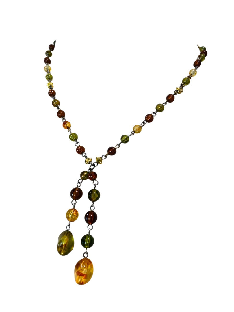 Beaded Silvertone Necklace 20" Amber Green Purple 21" with 2" Drop