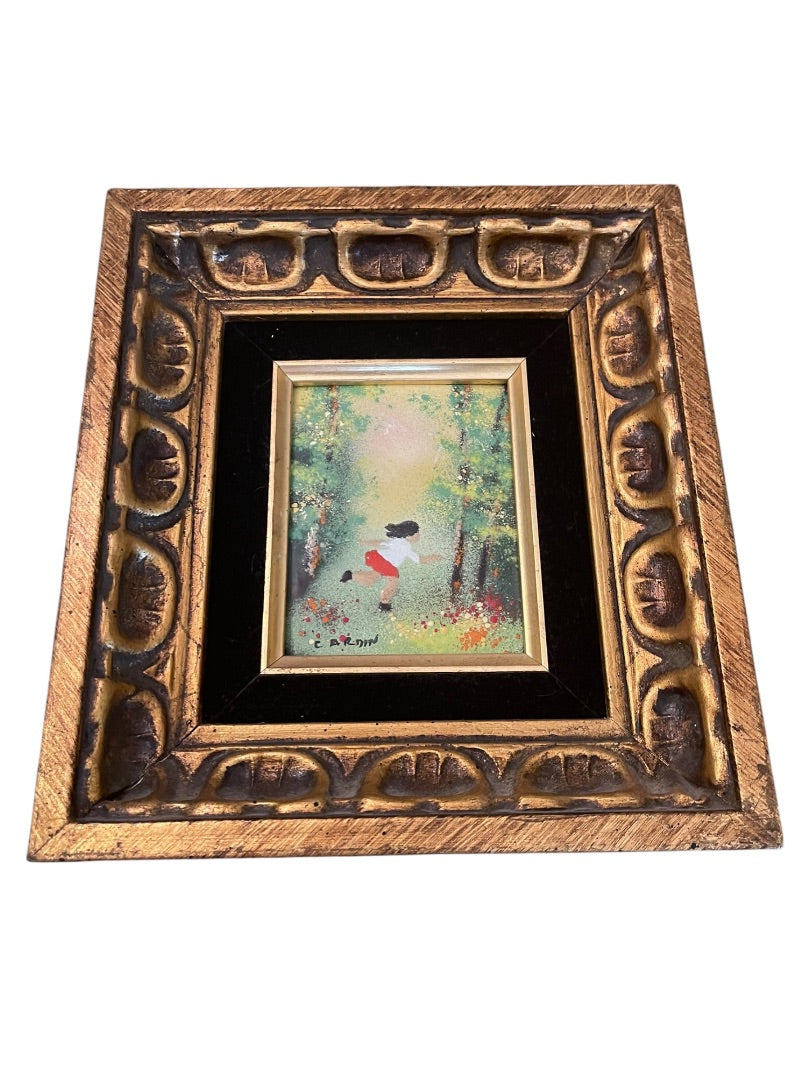 Vintage Louis Cardin Original Enamel on Copper Painting Girl Running 10" x 9"