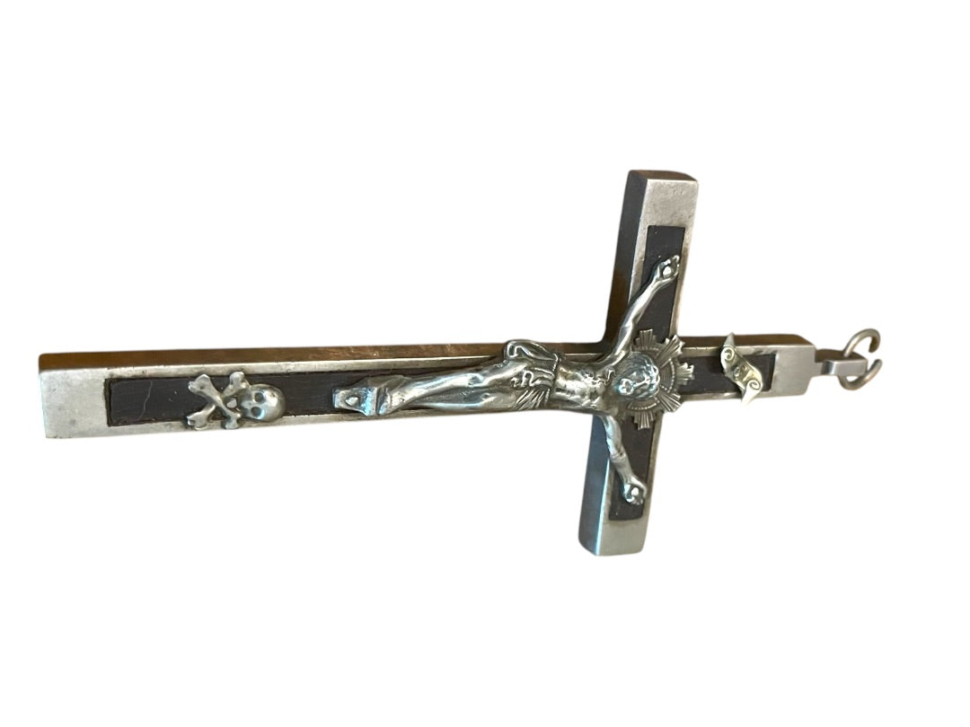 Antique Silvertone Crucifix with Skull and Crossbones Golgotha INRI Cross Convent 5.5"