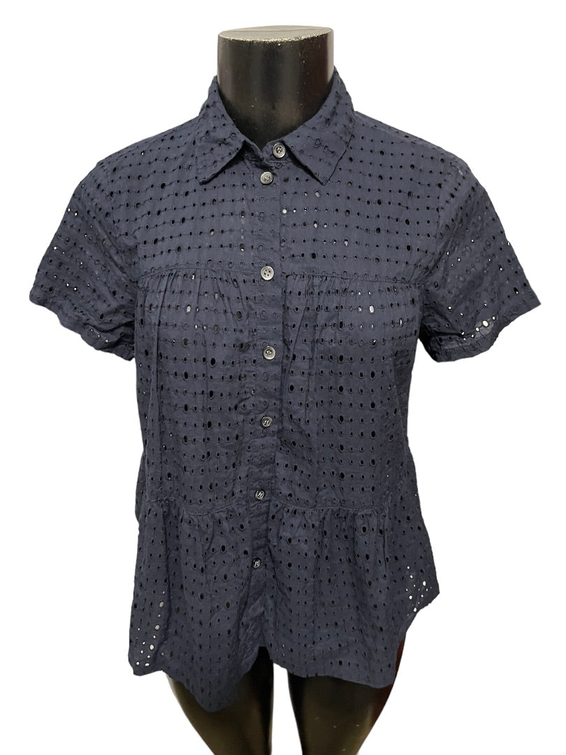 XS Madewell Women's Eyelet Short Sleeve Top Navy Blue Blouse