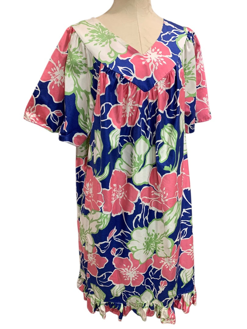 2X Sears 1970s Floral Pink Blue Dress Short Sleeve Cotton Shift