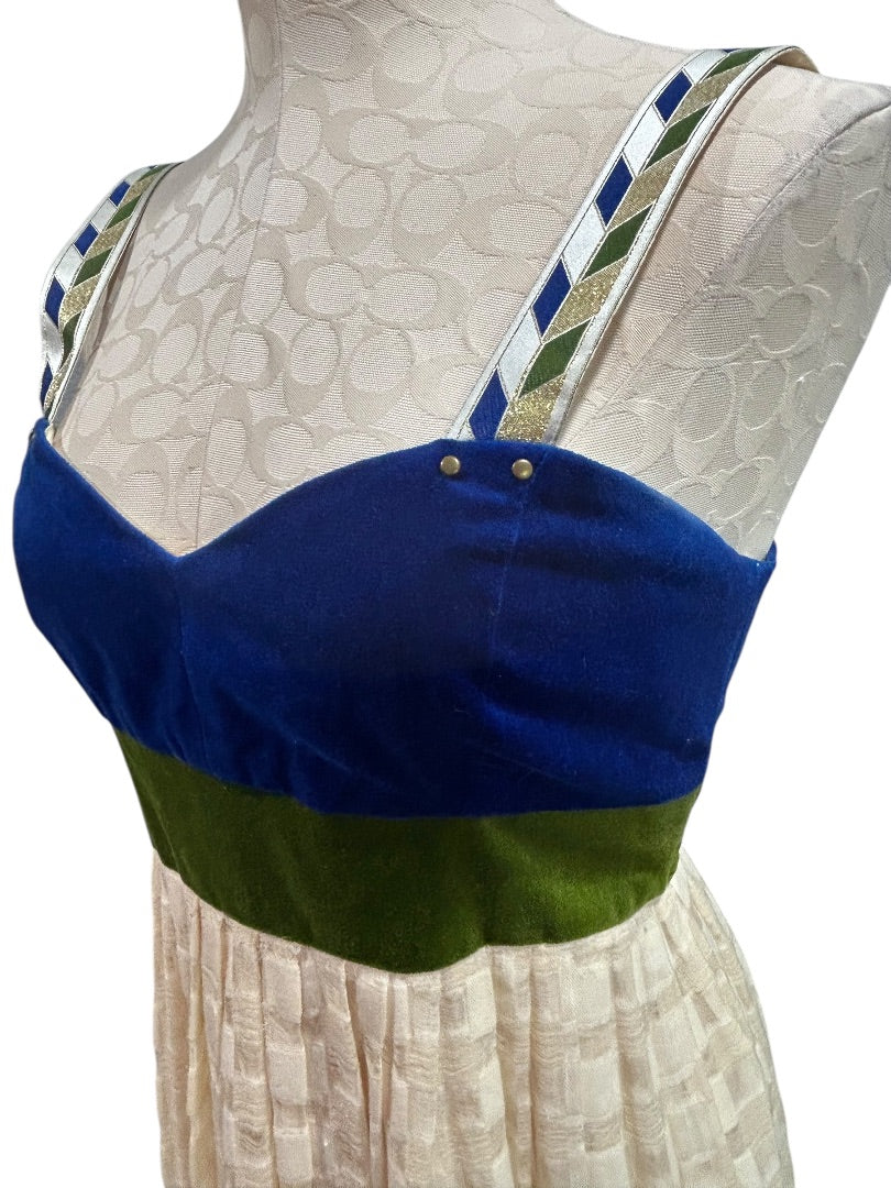 Size 6 Madchen Dress Velvet Colorblock Cream Skirt Blue Green Bodice