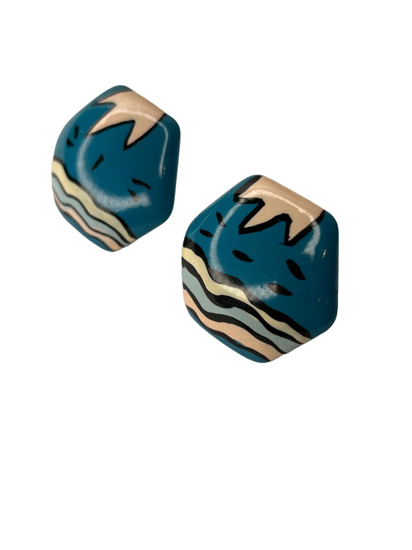 1980s Hexagon Earrings Geometric Abstract Post Pierced 1"