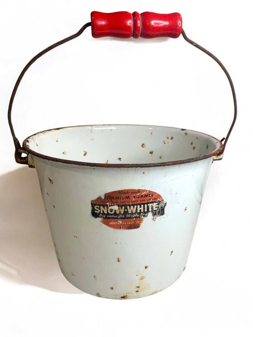 Porcelain Enamelware Snow-White Bucket Pail White Wooden Handle Sticker