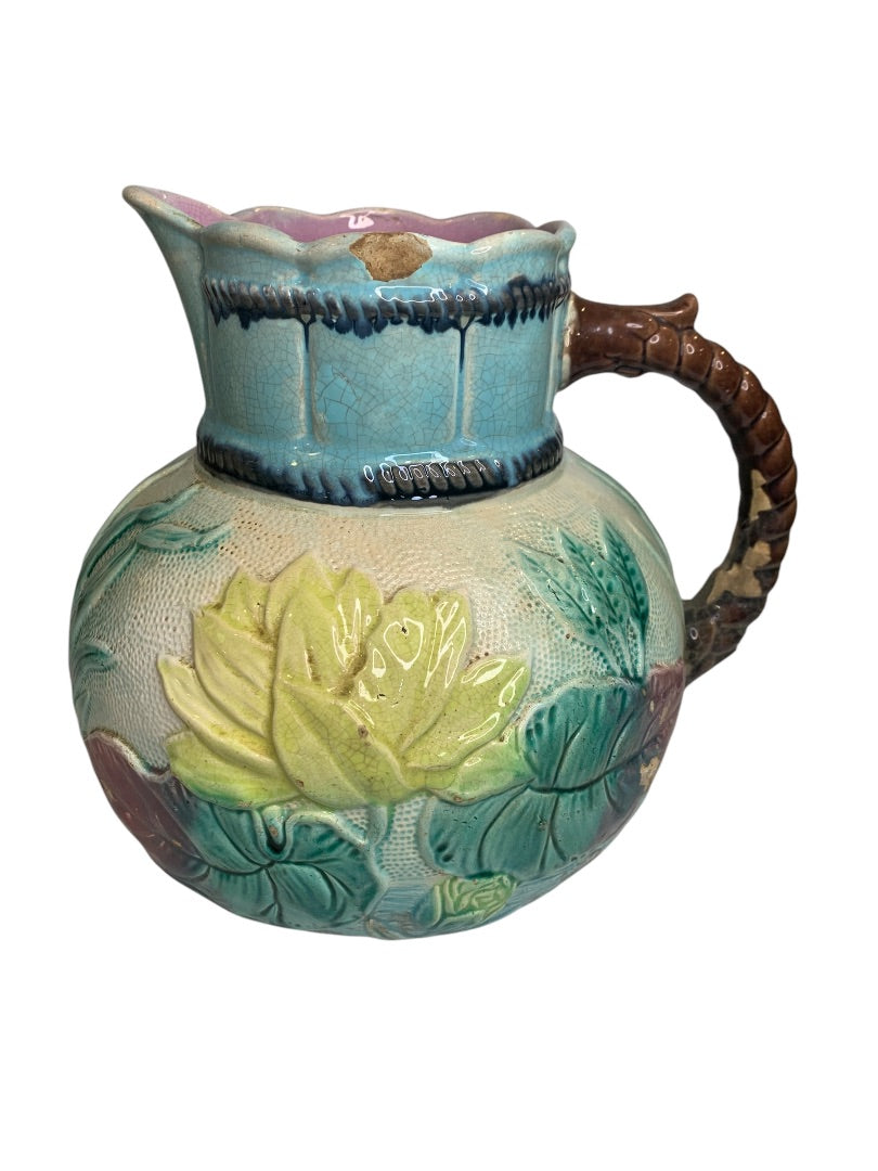Antique Majolica Water Lily Pond Rope Pitcher Pottery 9 Inch