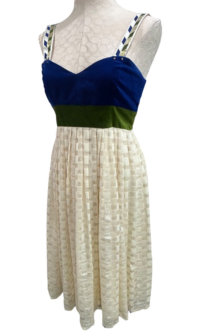 Size 6 Madchen Dress Velvet Colorblock Cream Skirt Blue Green Bodice