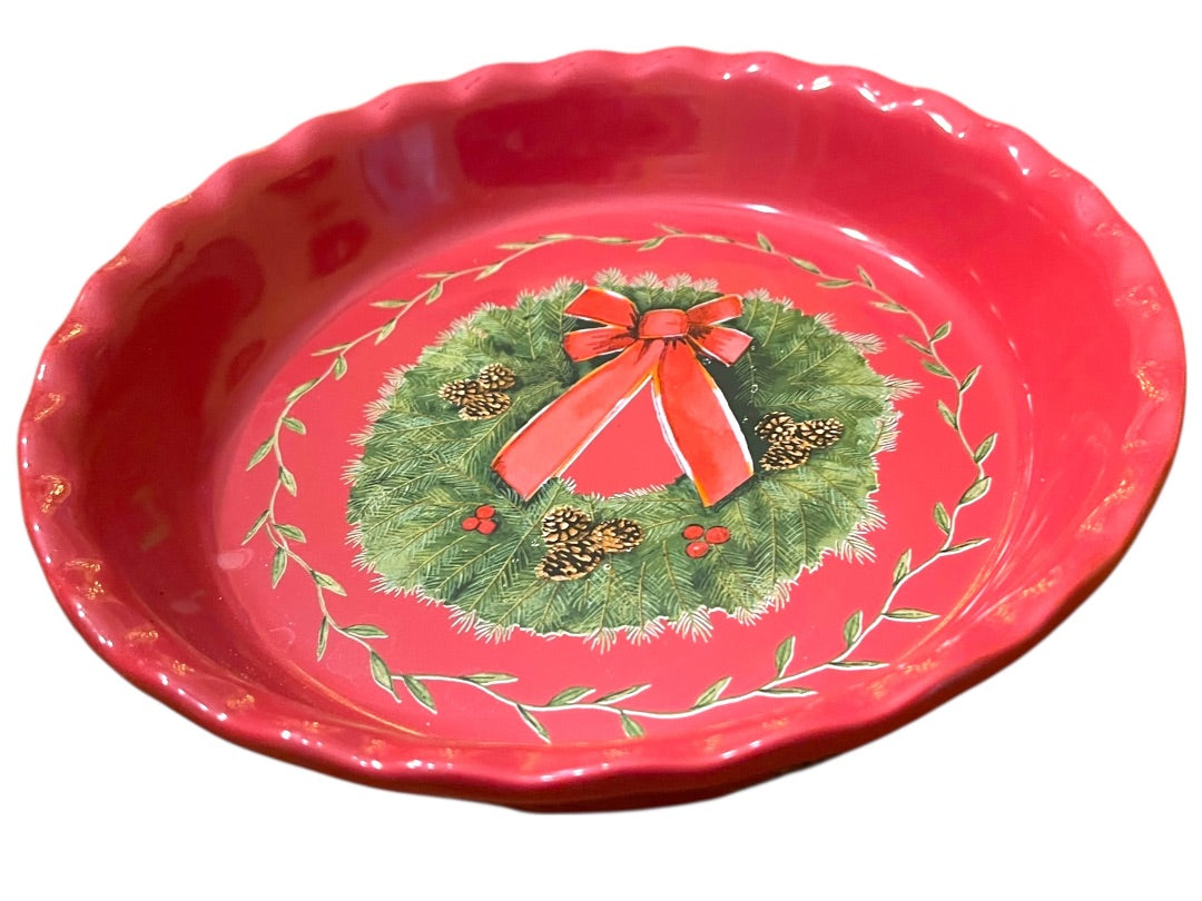 10" Nantucket Home Wreath Pie Plate Red Baking Dish Christmas