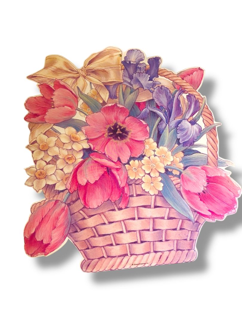 Vintage Gibson Greeting Griffith Floral Basket 15.5" Diecut Dual Sided
