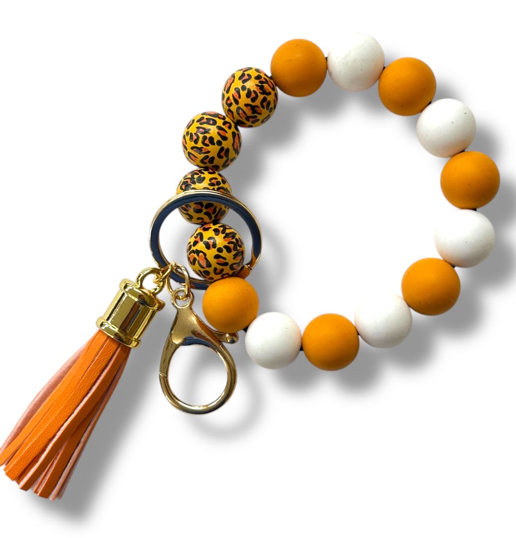 Keyring Clip Bracelet Stretchy Orange Leopard Print Handbag Tassel