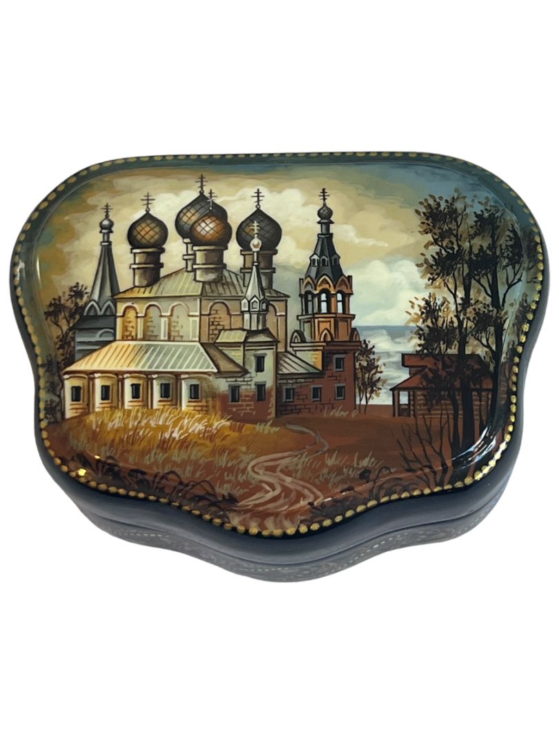 Russian Handpainted Signed Clam Shell Lacquer Trinket Box Trinity Cathedral Sergieva Lavra Mother of Pearl Hinged Red Interior