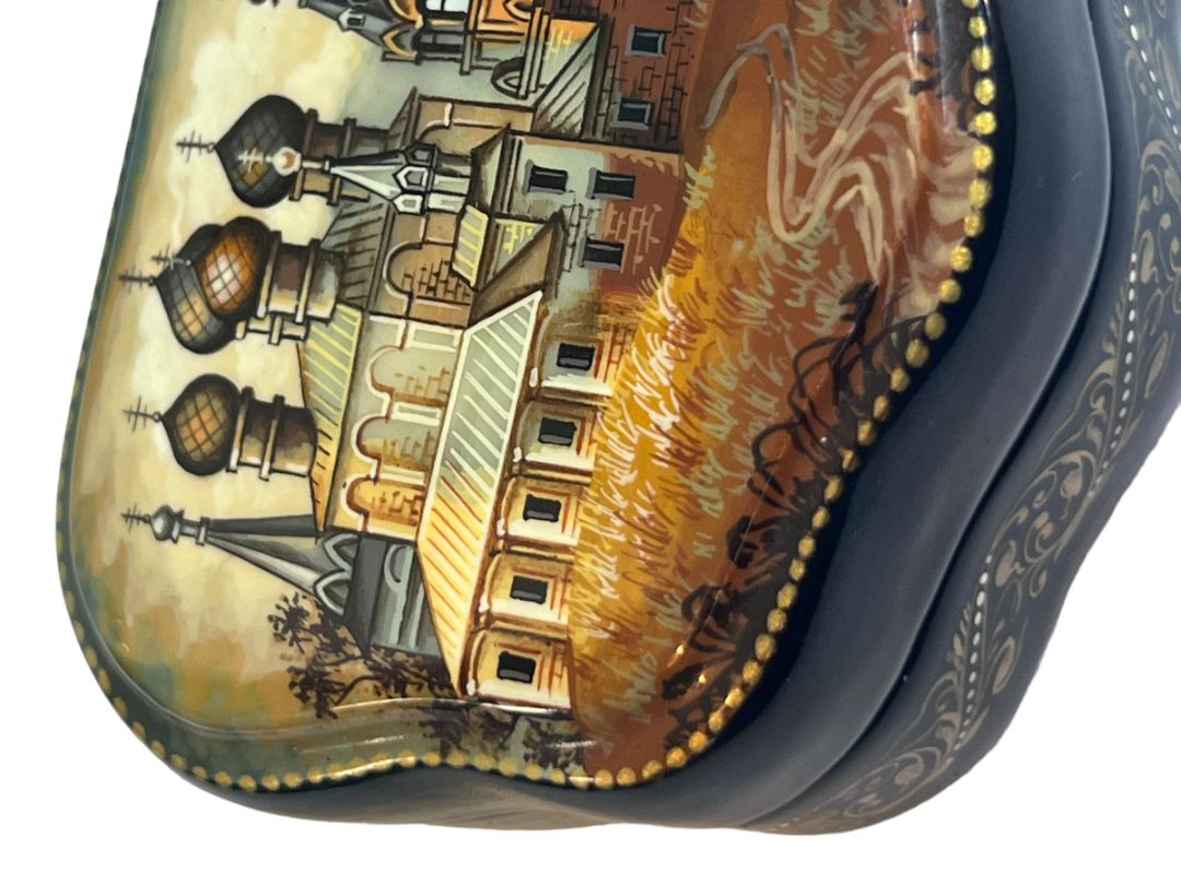 Russian Handpainted Signed Clam Shell Lacquer Trinket Box Trinity Cathedral Sergieva Lavra Mother of Pearl Hinged Red Interior
