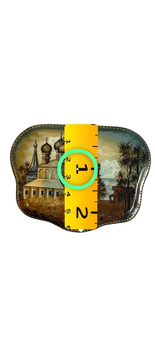 Russian Handpainted Signed Clam Shell Lacquer Trinket Box Trinity Cathedral Sergieva Lavra Mother of Pearl Hinged Red Interior