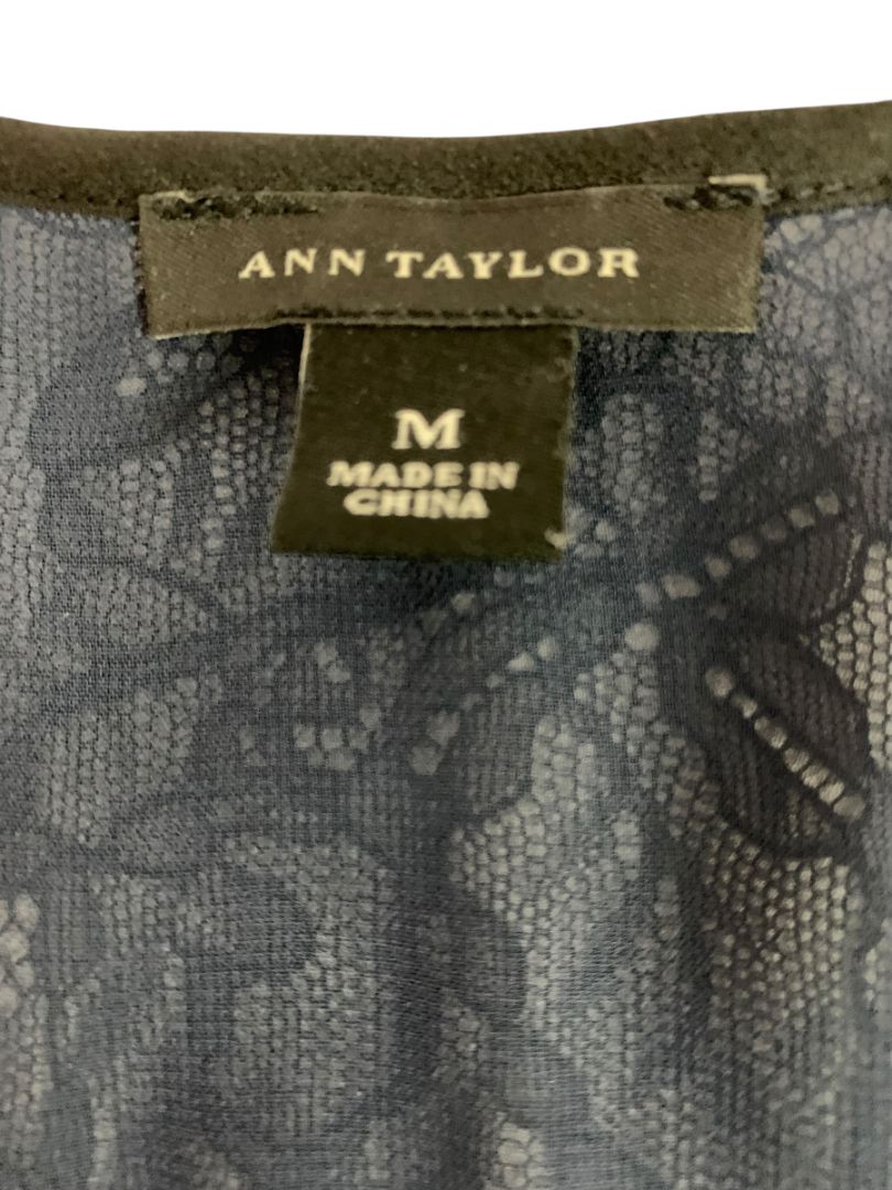 Medium Ann Taylor Womens Sheer V-Neck Pullover Shirt Navy Blue Black