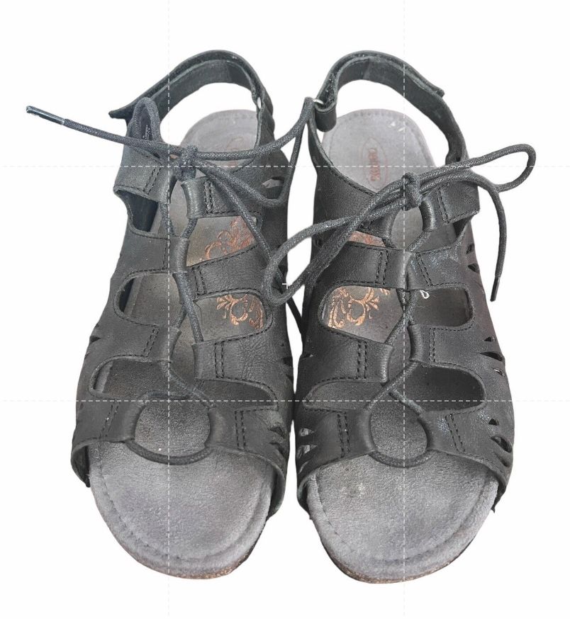 AETREX Women's Giselle Black Leather Lace Up Wedge Sandals Cut Outs Sz 10/41
