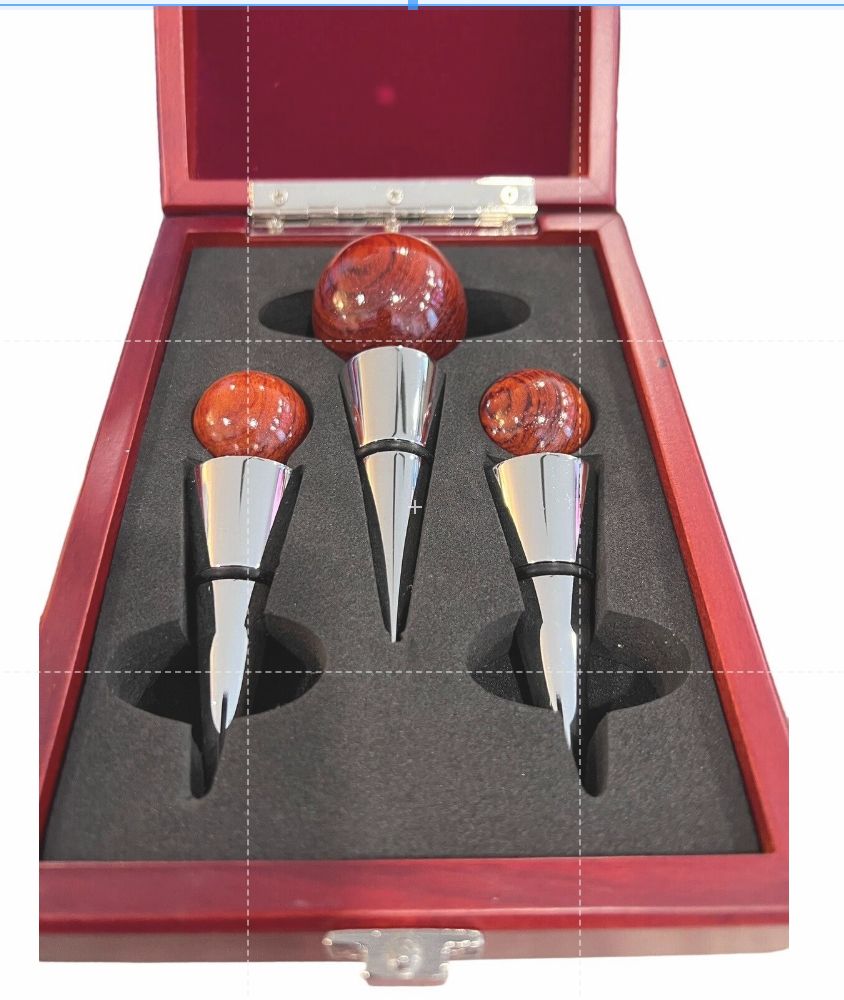 Gift Set of 3 Wood & Metal Wine Bottle Stopper Set in Wood Case