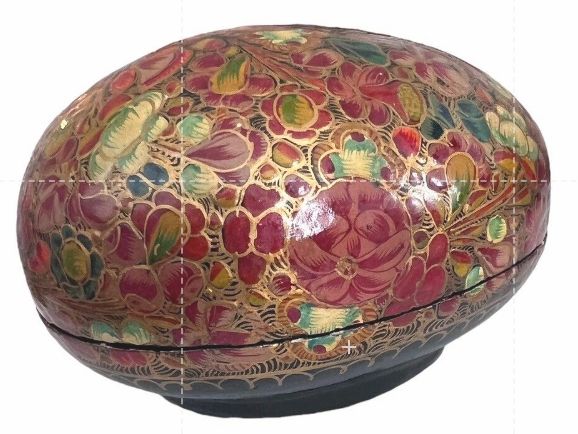 Floral Egg Kashmir India Boudoir Jewelry Ring Box Hand Painted Paper Mache Vtg