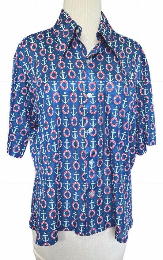 MARLBORO CLASSICS Womens Nautical Shirt Large Rare Vintage Button Down Polyester