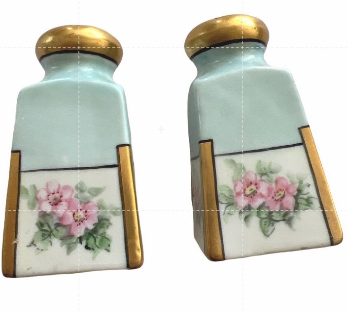 Vintage Bavarian ? Salt And Pepper Hand Painted Floral Gold Shakers EUC