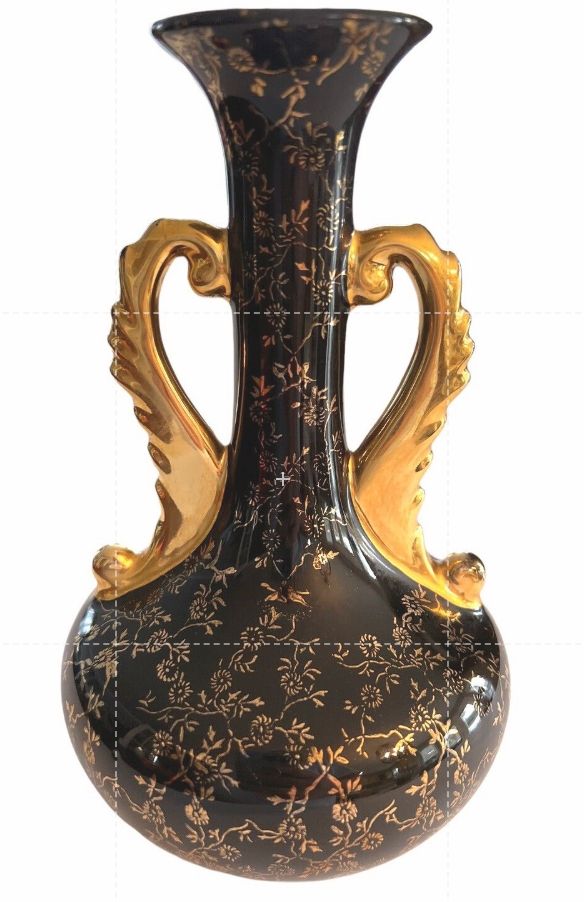 Painted Flowers Double Handled Black Vase With Gold