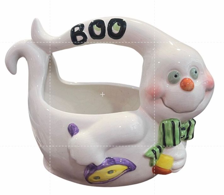 Porcelain Ghost Boo Handle Halloween Candy Dish Bowl WCL Crazing