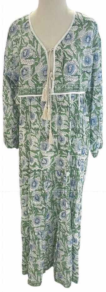 Size XL Karni Cotton Green And Blue Floral Printed Boho Maxi Dress