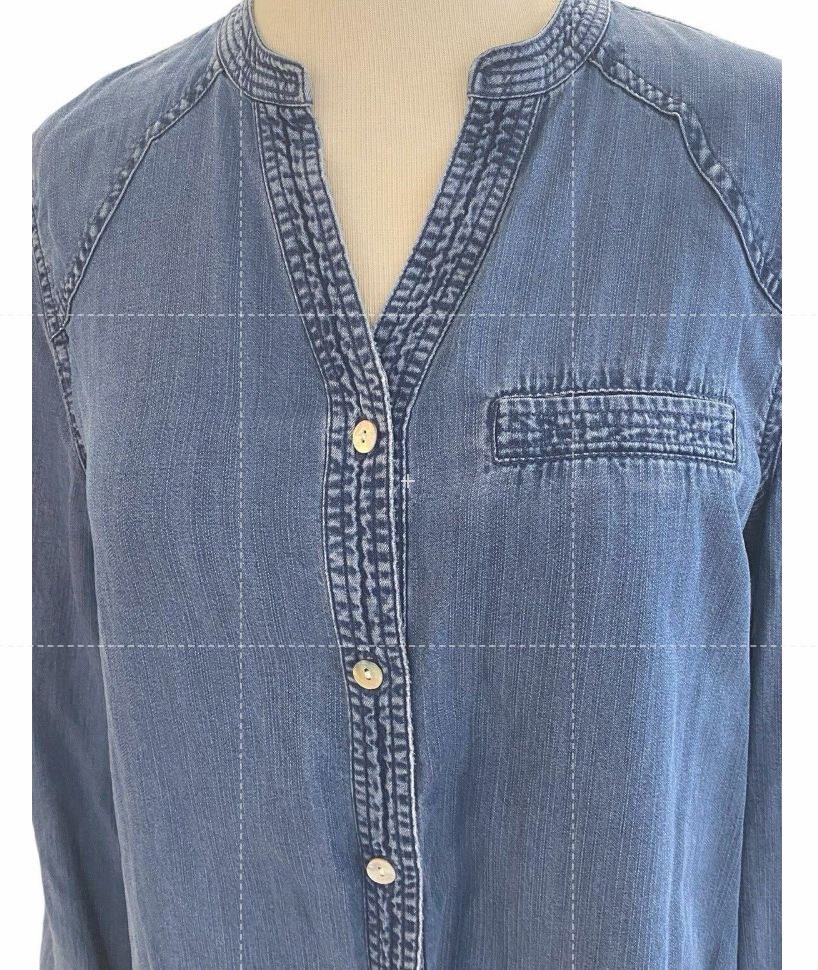Size Small Soft Surroundings Denim Button Down Tunic Sleeve Lyocell Shirt