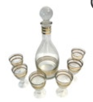 MCM Clear Glass Decanter 6 Glasses Gold Accent Dapper Debonair Classic Bar Set