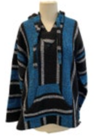 Size L Baja Hippie Poncho Pullover Hoodie Mexican Drug Rug Black Gray Striped