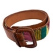 Size 34 Handmade Woven Multi Colored Tapestry Brown Leather Belt Boho Western