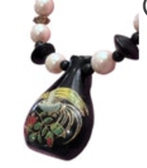 Faux Pearl Beads Black Painted Bird Floral Wood Pendant Strand Necklace Asian 29