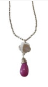 Goldtone Pendant Necklace Pink Teardrop Multi tone Flower Preppy