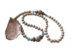 Painted Oyster Shell Pendant Necklace Wood Bead 30” Pastel Coastal Beach Preppy