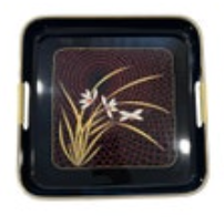 Japanese Black Lacquer Tray "Grand Iris" Gold Rim Wrapped Handles EUC Vintage