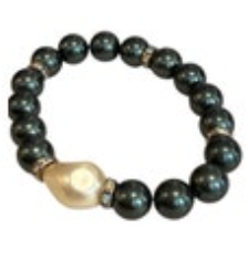 Faux Pearl Teal Beaded Stretch Bracelet Rhinestone Pearl Colored Center Bead