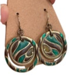 Brass Tone Dangle Brown Teal Enamel Swirl Pierced Earrings