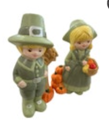 Vintage Handmade Ceramic Mold Thanksgiving Pilgrims Figurine Figures Sage Green