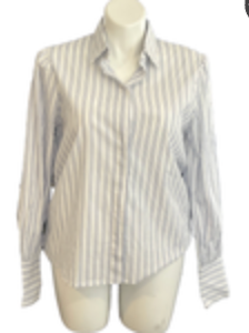 Carrera 100% Cotton Italian Blouse Sz L White Striped Barrel Cuffs Quiet Luxury
