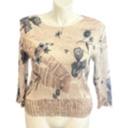 Y2K Alberto Makali Crinkle Pleated Top Beige Floral Blouse Size XL Fairy Sequin