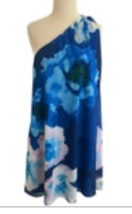 Belle by Badgley Mischka Blue Kayla Dress Size 8 One Shoulder Floral NWT